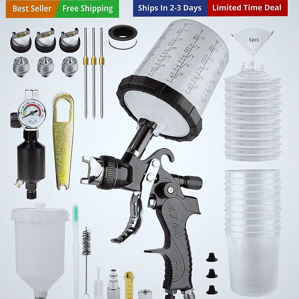 HVLP Spray Gun Kits with 1.4/1.7/2.5mm Nozzles & Air Compressor Regulator, 2...
