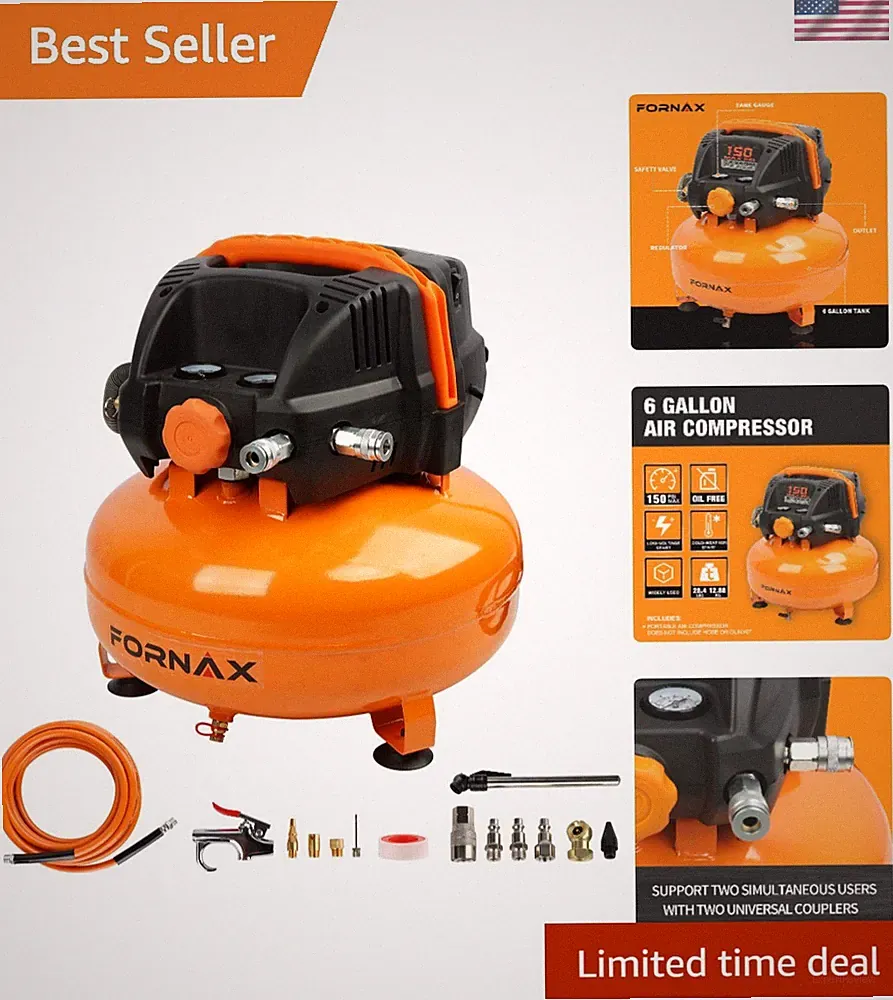 Lightweight 6 Gallon Air Compressor with Dual Couplers & 14 Piece Accessories