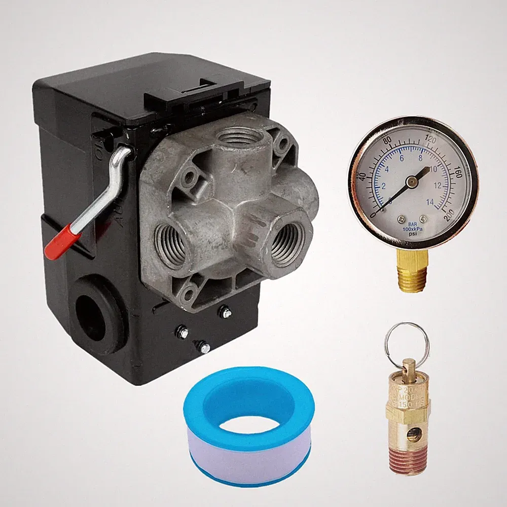 Pressure Switch Air Compressor 145-175 Psi 4 Port 26AMP w/0-200 psi Gauge 20...